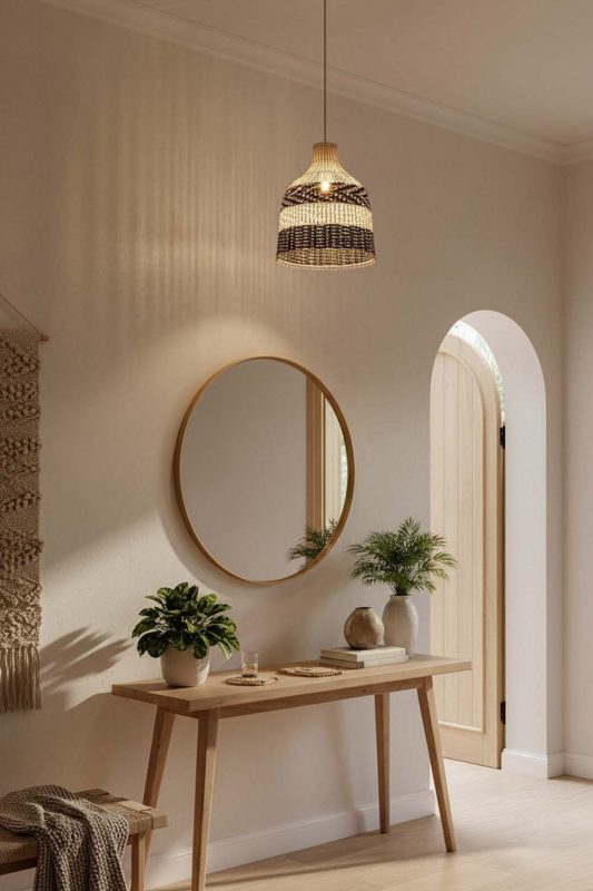 Entryway Black White Dome Rattan Pendant - Bright & Open Feel