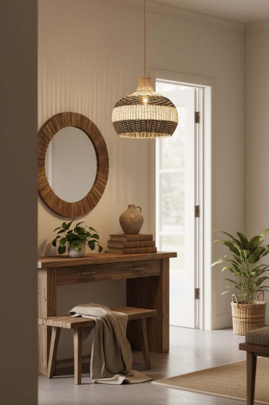 Entryway Black White Round Rattan Pendant - Welcoming First Impression
