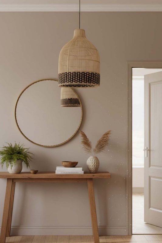 Entryway Bottom Dark Brown Wicker Bell Pendant Light - Welcoming First Impression
