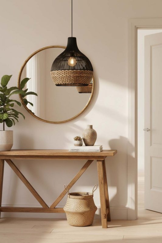 Entryway Bottom Tan Brown Rattan Light Black Body - Bright & Open Feel
