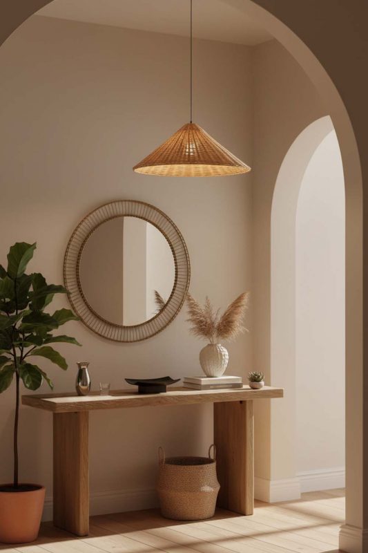 Entryway Brown Rattan Cone Pendant Light - Stylish & Inviting
