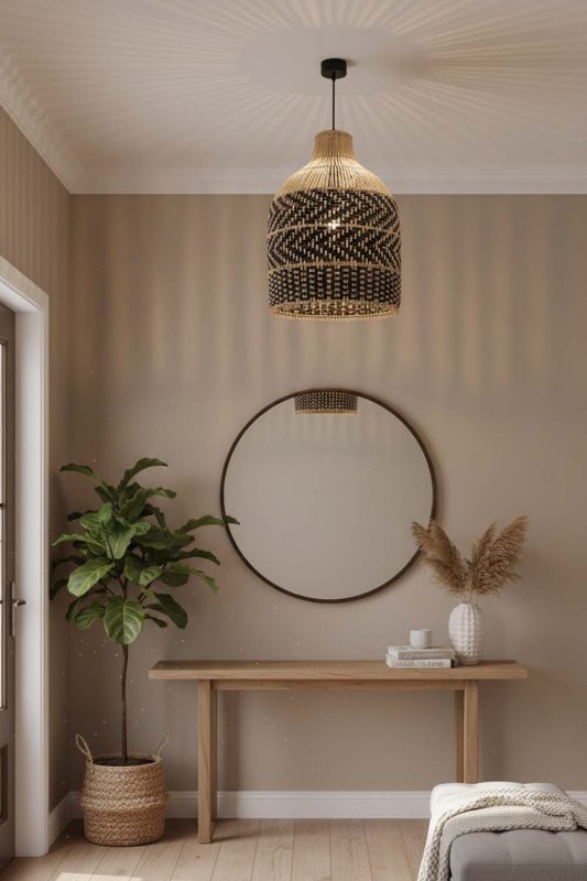 Entryway Dark Brown Rattan Bell Pendant Light - Welcoming First Impression