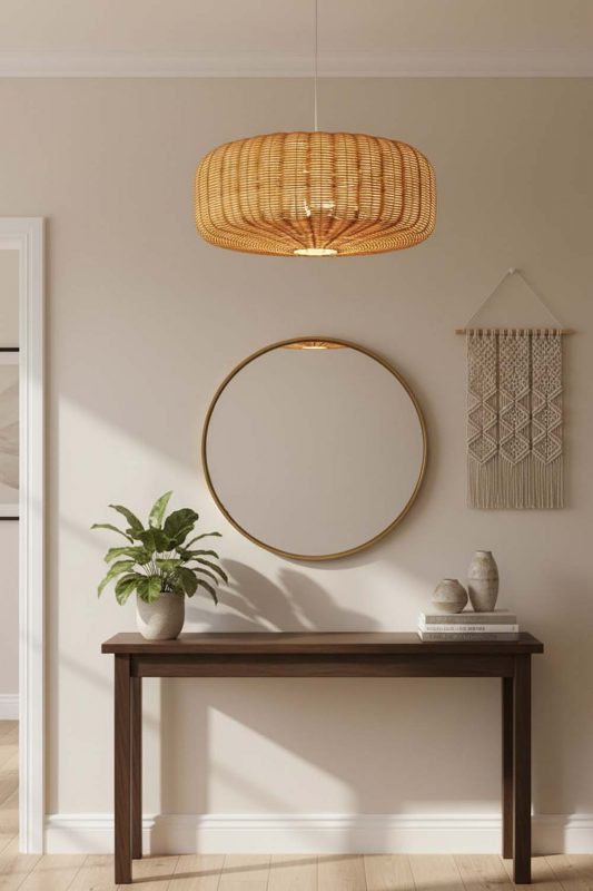Entryway Flat Drum Rattan Chandelier - Bright & Open Feel