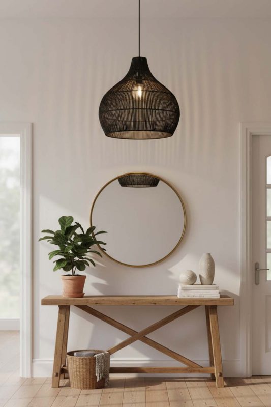 Entryway Simple Black Rattan Pendant Light - Stylish & Inviting