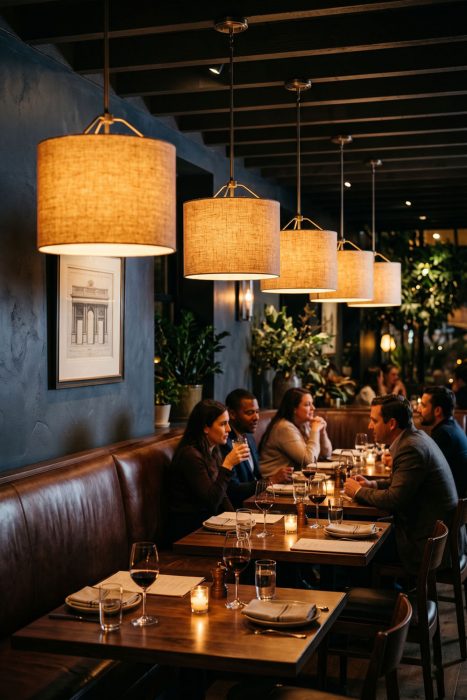 Fabric Pendant Lights For Restaurants – Warm Linen Drum Shade Dining Ambiance