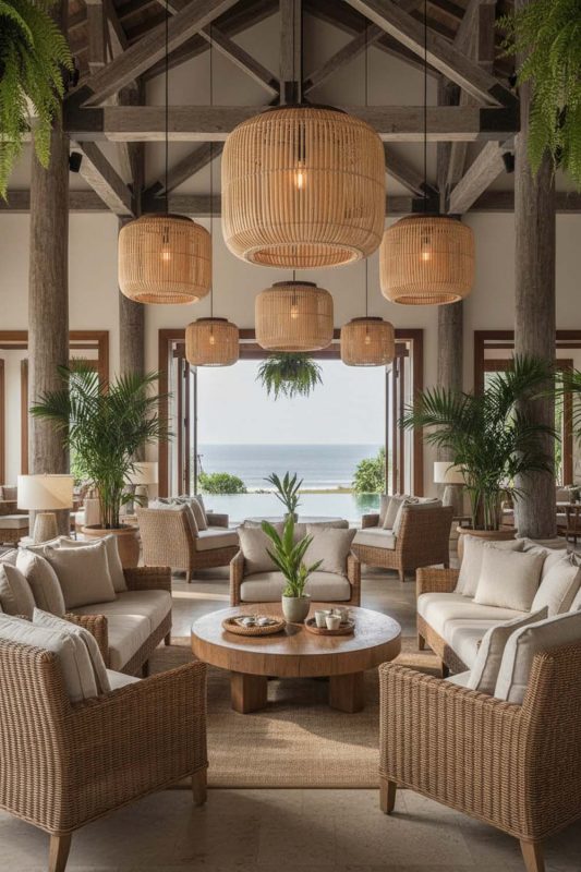 Hotel & Resort Beige Rattan Capsule Pendant Light - Elegant & Premium