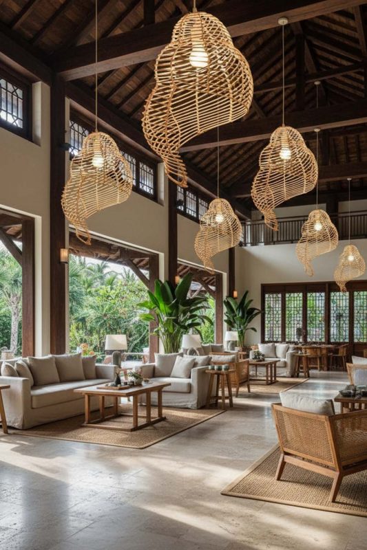 Hotel & Resort Beige Rattan Spiral Pendant Light - Luxury & Relaxing