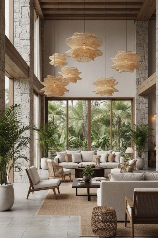 Hotel & Resort Beige Vietnamese Flower Rattan Chandelier - High-end Experience