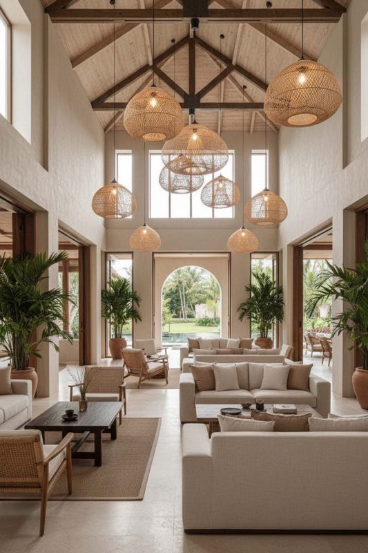 Hotel & Resort Beige Wood Rattan Pendant Light B - Calm & Inviting