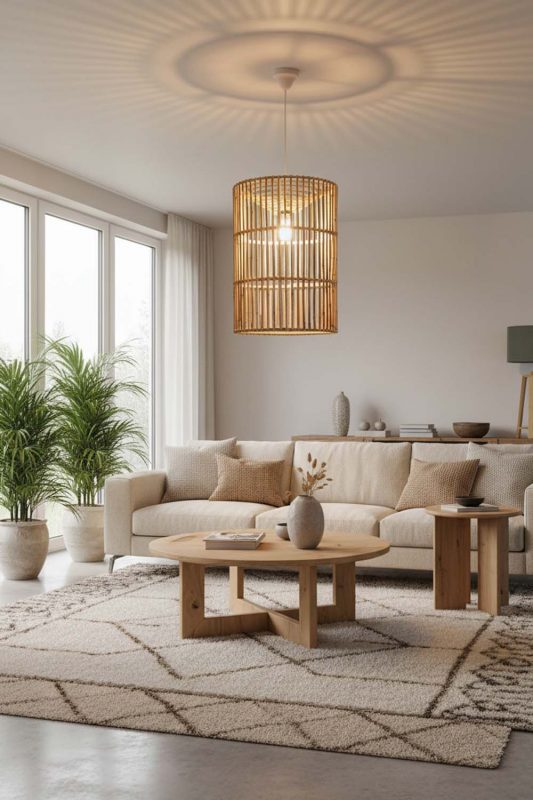 Living Room Bamboo Geometric Pendant Light Cylinder - Cozy & Inviting