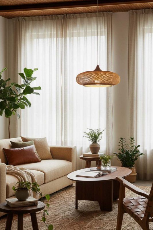 Living Room Bamboo Wood Pendant Light - Warm & Relaxing