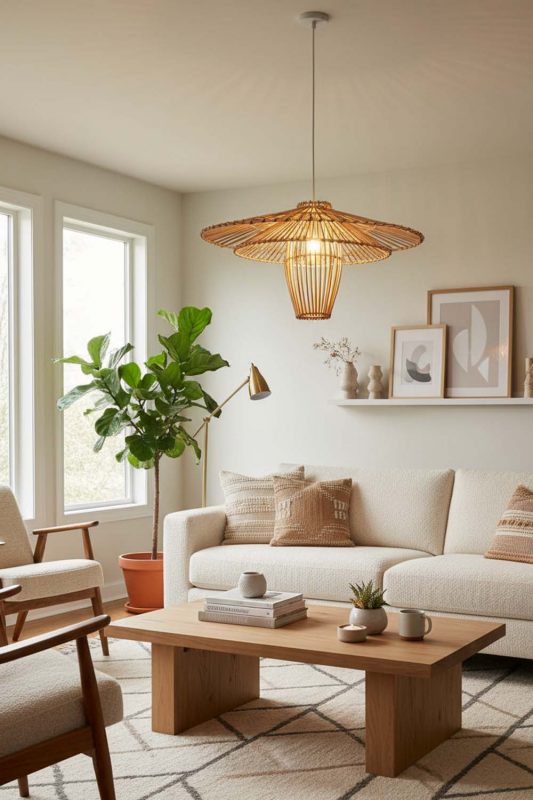 Living Room Beige Bamboo Starburst Pendant Light - Warm & Relaxing