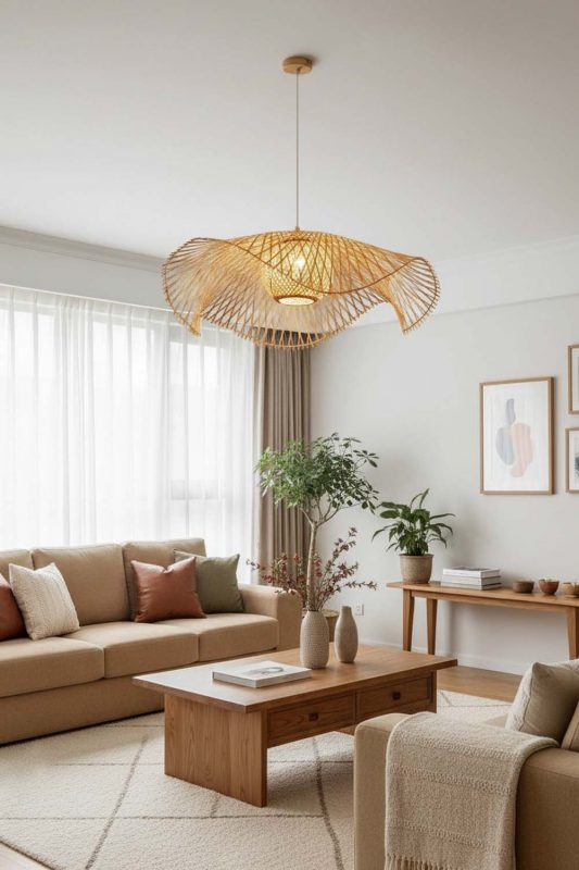 Living Room Beige Lotus Bamboo Pendant Light - Warm & Relaxing