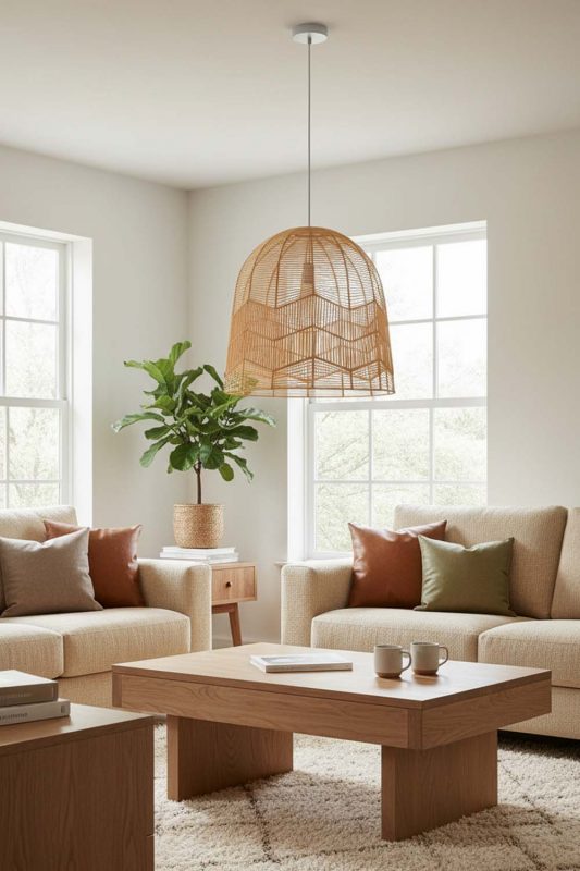 Living Room Beige Rattan Birdcage Pendant Light - Stylish & Modern