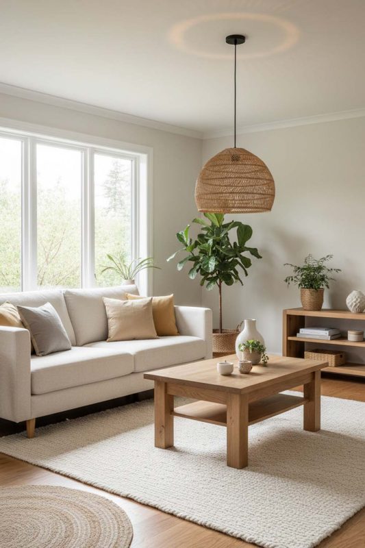 Living Room Beige Rattan Cage Pendant Light - Aesthetic & Trendy