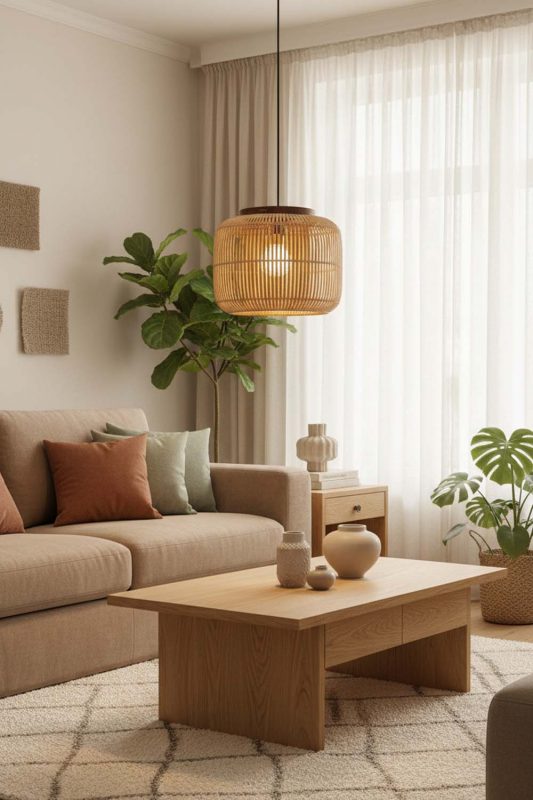 Living Room Beige Rattan Capsule Pendant Light - Warm & Relaxing