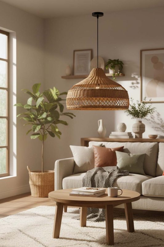 Living Room Beige Rattan Radiant Pendant Lights - Warm & Relaxing