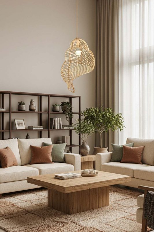 Living Room Beige Rattan Spiral Pendant Light - Cozy & Inviting