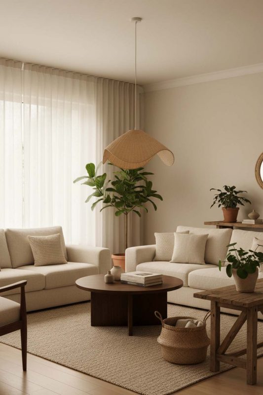 Living Room Beige Rattan Wave Pendant Light - Elegant & Comfortable