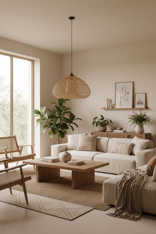 Living Room Beige Wood Rattan Pendant Light B - Elegant & Comfortable