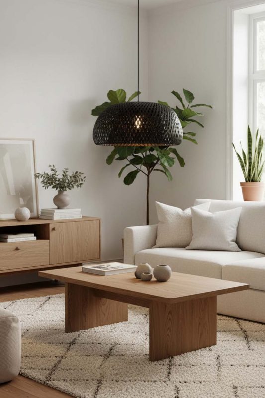 Living Room Black Bamboo Basket Light Shade - Warm & Relaxing
