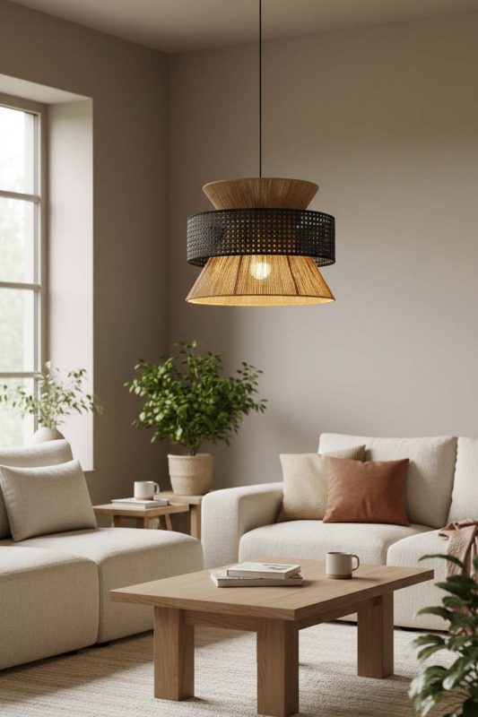 Living Room Black Bamboo Silk Pendant Light - Warm & Relaxing
