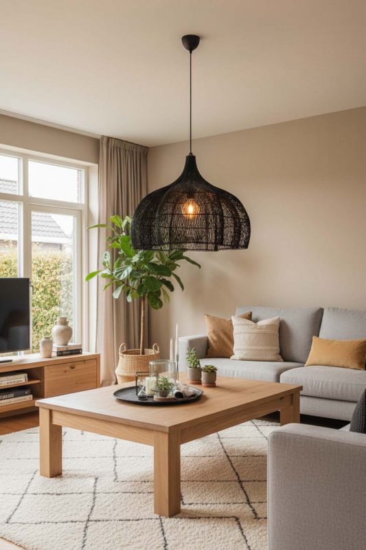 Living Room Black Bloom Rattan Pendant Light - Elegant & Comfortable
