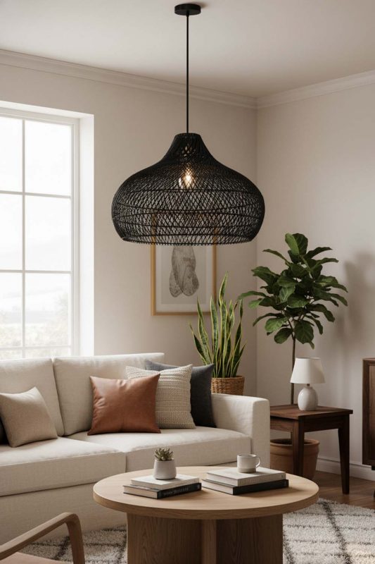 Living Room Black Kloe Rattan Pendant Light - Elegant & Comfortable