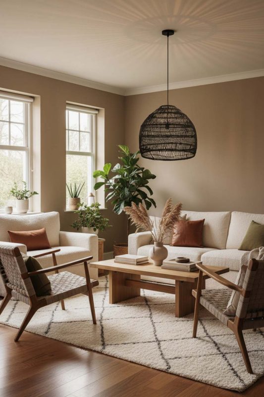 Living Room Black Rattan Cage Pendant Light - Cozy & Inviting