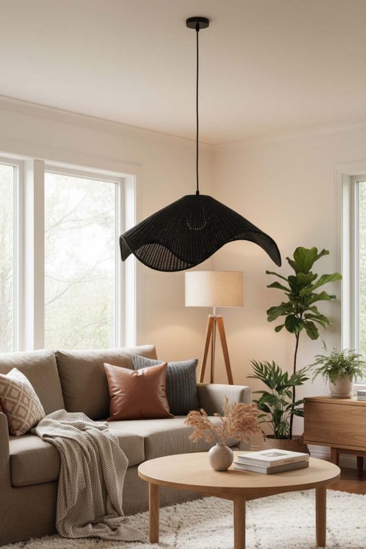 Living Room Black Rattan Wave Pendant Light - Stylish & Modern