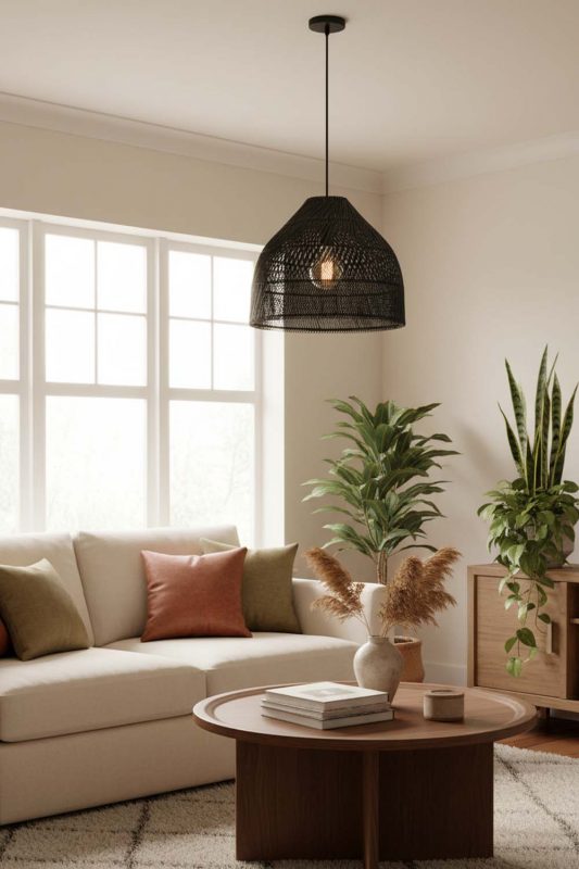 Living Room Black Rattan Wide Dome Fixture - Warm & Relaxing