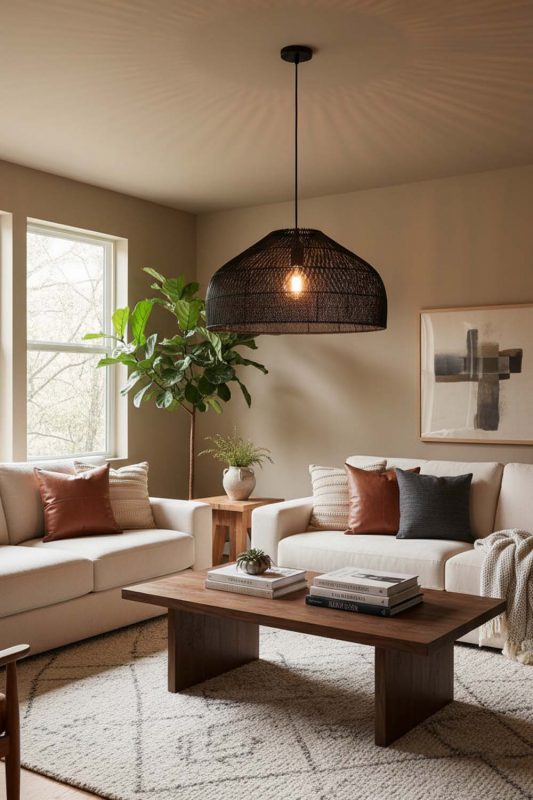 Living Room Black Rattan Wide Dome Pendant Light - Warm & Relaxing