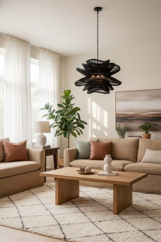 Living Room Black Vietnamese Flower Rattan Chandelier - Stylish & Modern