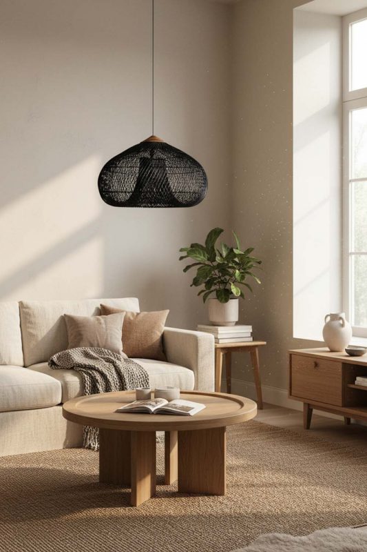 Living Room Black Vintage Wood Rattan Pendant Light - Stylish & Modern