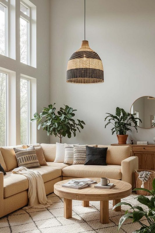 Living Room Black White Dome Rattan Pendant - Aesthetic & Trendy