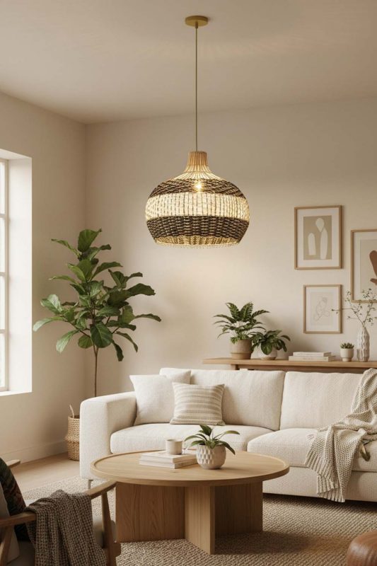 Living Room Black White Round Rattan Pendant - Cozy & Inviting