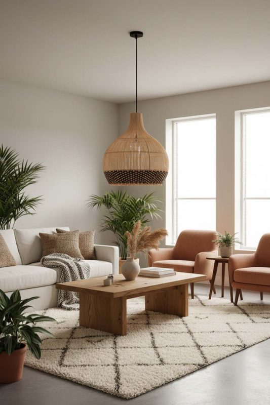 Living Room Bottom Black Rattan Pendant Light - Cozy & Inviting