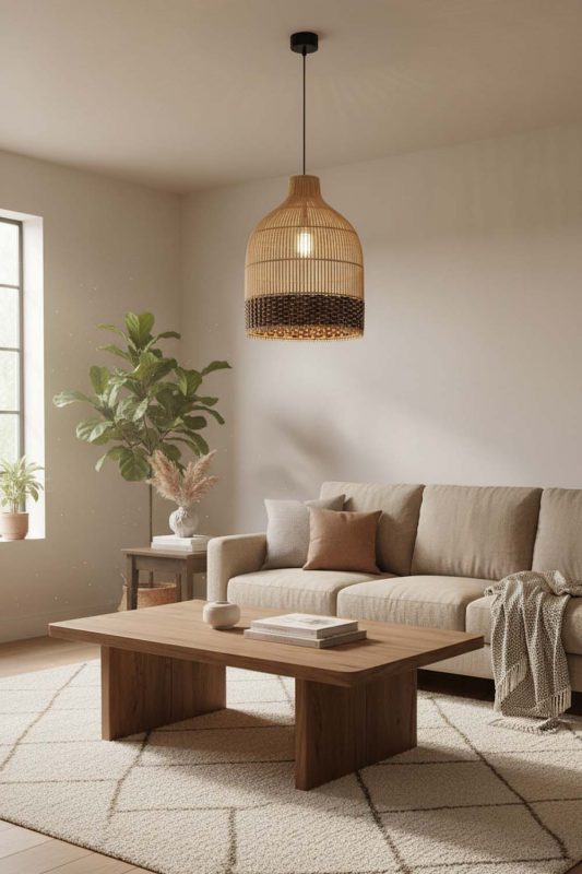 Living Room Bottom Dark Brown Wicker Bell Pendant Light - Stylish & Modern