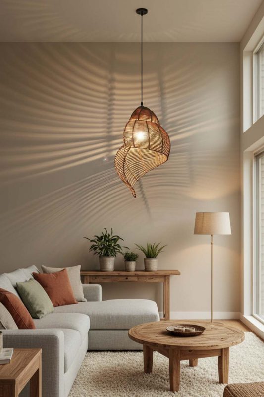 Living Room Brown Rattan Spiral Pendant Light - Aesthetic & Trendy