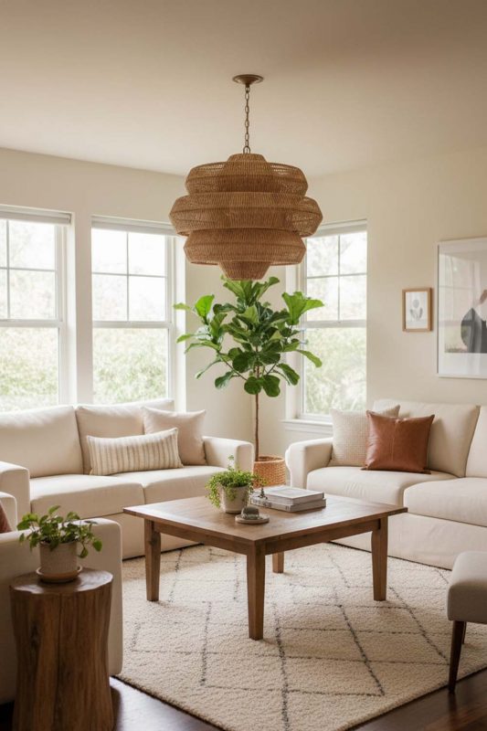 Living Room Brown Tiered Rattan Chandelier - Warm & Relaxing