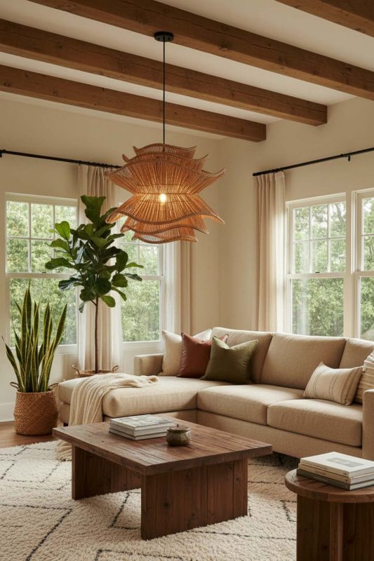 Living Room Brown Vietnamese Flower Rattan Chandelier - Elegant & Comfortable
