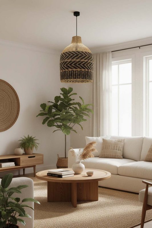 Living Room Dark Brown Rattan Bell Pendant Light - Warm & Relaxing