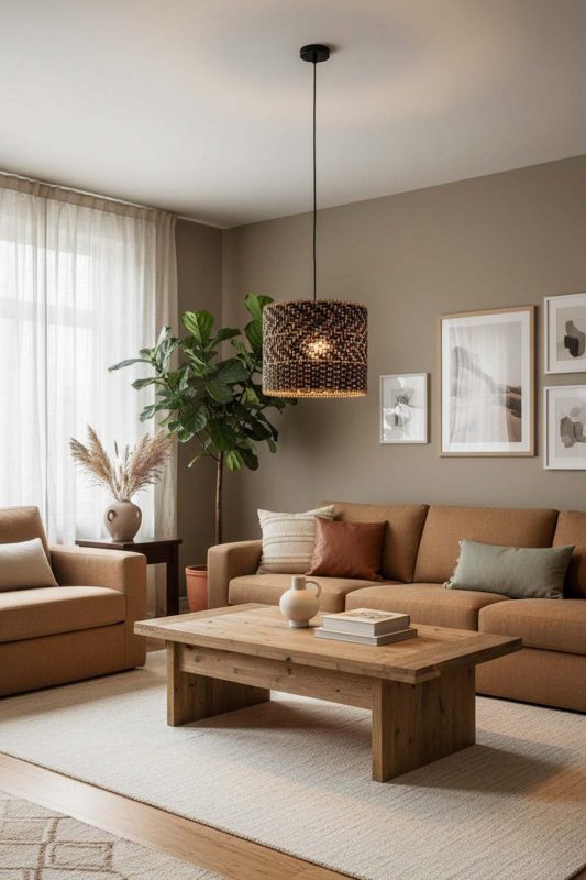 Living Room Dark Rattan Drum Pendant Light - Elegant & Comfortable