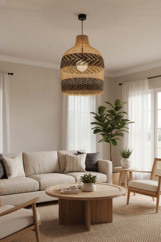 Living Room Double Band Wicker Bell Pendant Light - Elegant & Comfortable