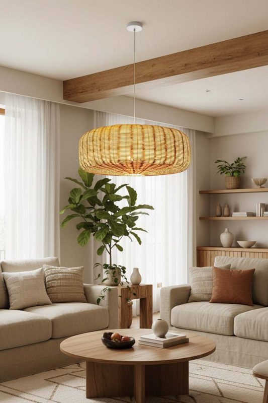 Living Room Flat Drum Rattan Chandelier - Elegant & Comfortable