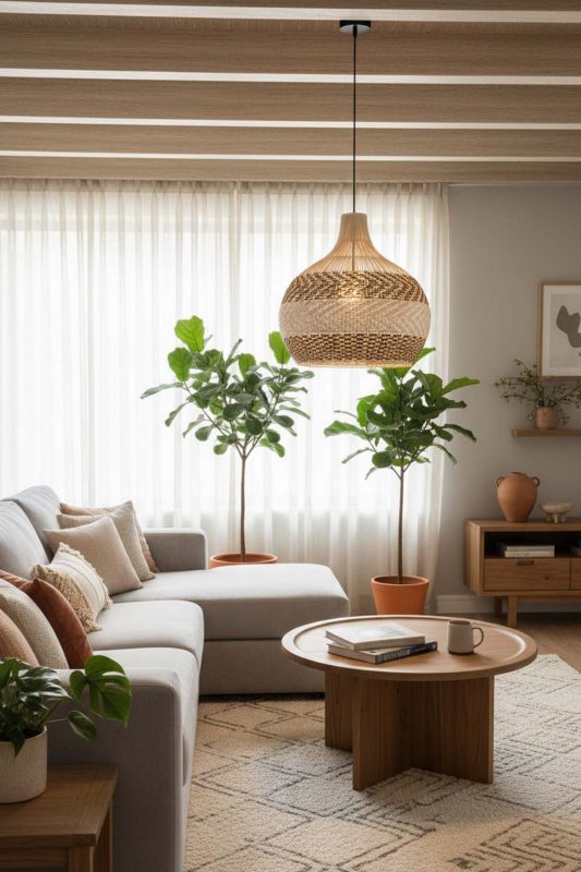 Living Room Light Brown White Rattan Pendant Light - Warm & Relaxing