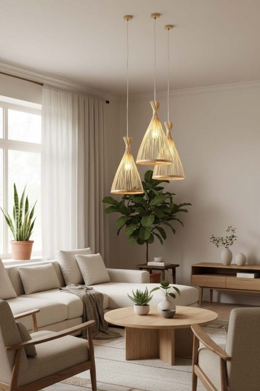 Living Room Natural Bamboo Tapered Pendant Light - Elegant & Comfortable
