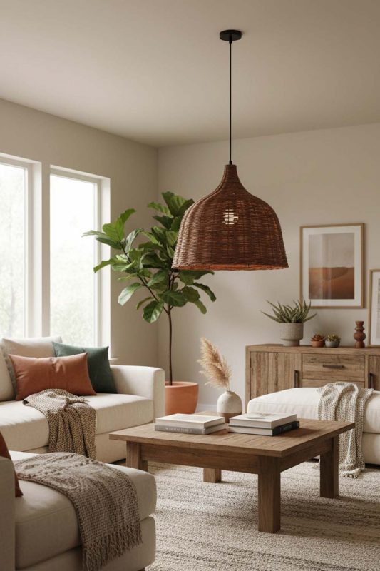 Living Room Rattan Basket Pendant Light Coffee - Elegant & Comfortable