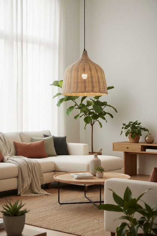 Living Room Rattan Basket Pendant Light Natural - Aesthetic & Trendy