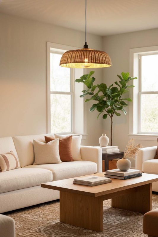 Living Room Rattan Disc Pendant Light - Warm & Relaxing
